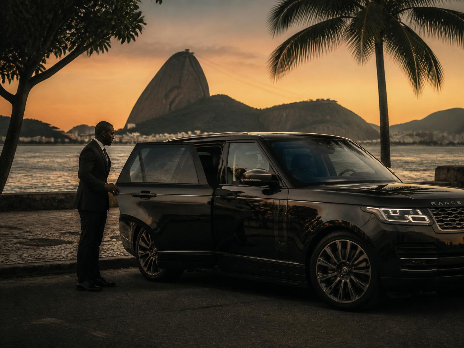Executive chauffeur opening SUV door on the Rio de Janeiro coast at sunset