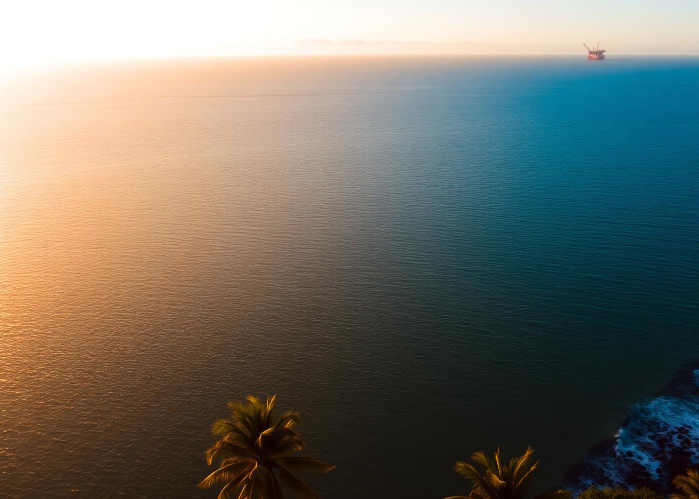 Aerial view of Macaé coastline with offshore platforms on the horizon